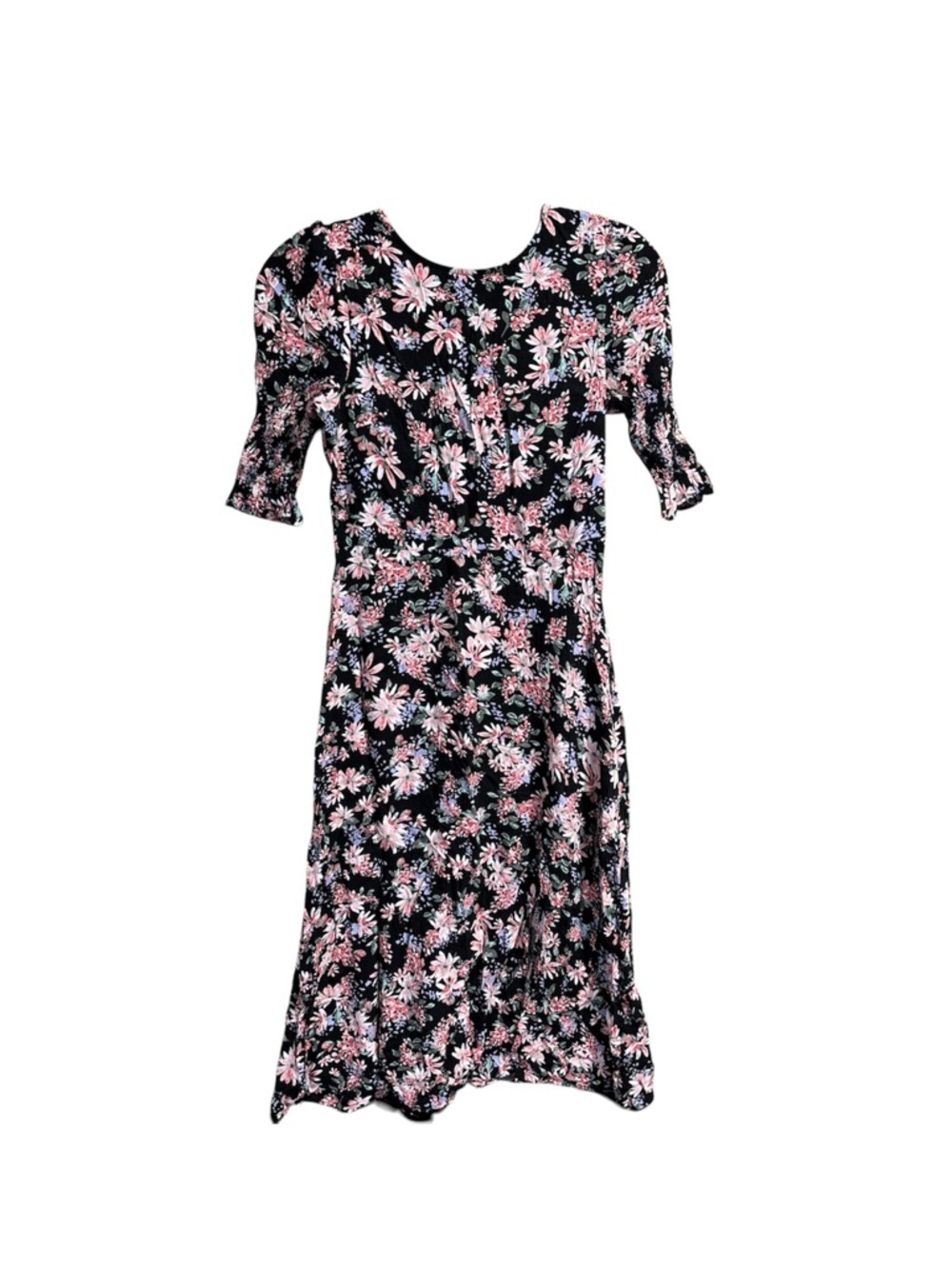 Mi Ami Floral Midi Dress Black Pink Smocked Sleeve Cottagecore Boho S